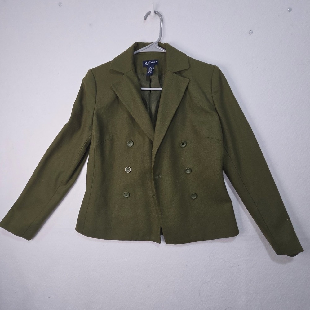 Ann Taylor Factory Olive Green Wool Blend Double Breasted Blazer Jacket Size 2